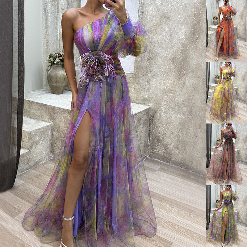 Robe de Soirée « Lueur Libre » – Épaules Dévoilées, Mesh Coloré, Allure Fluide