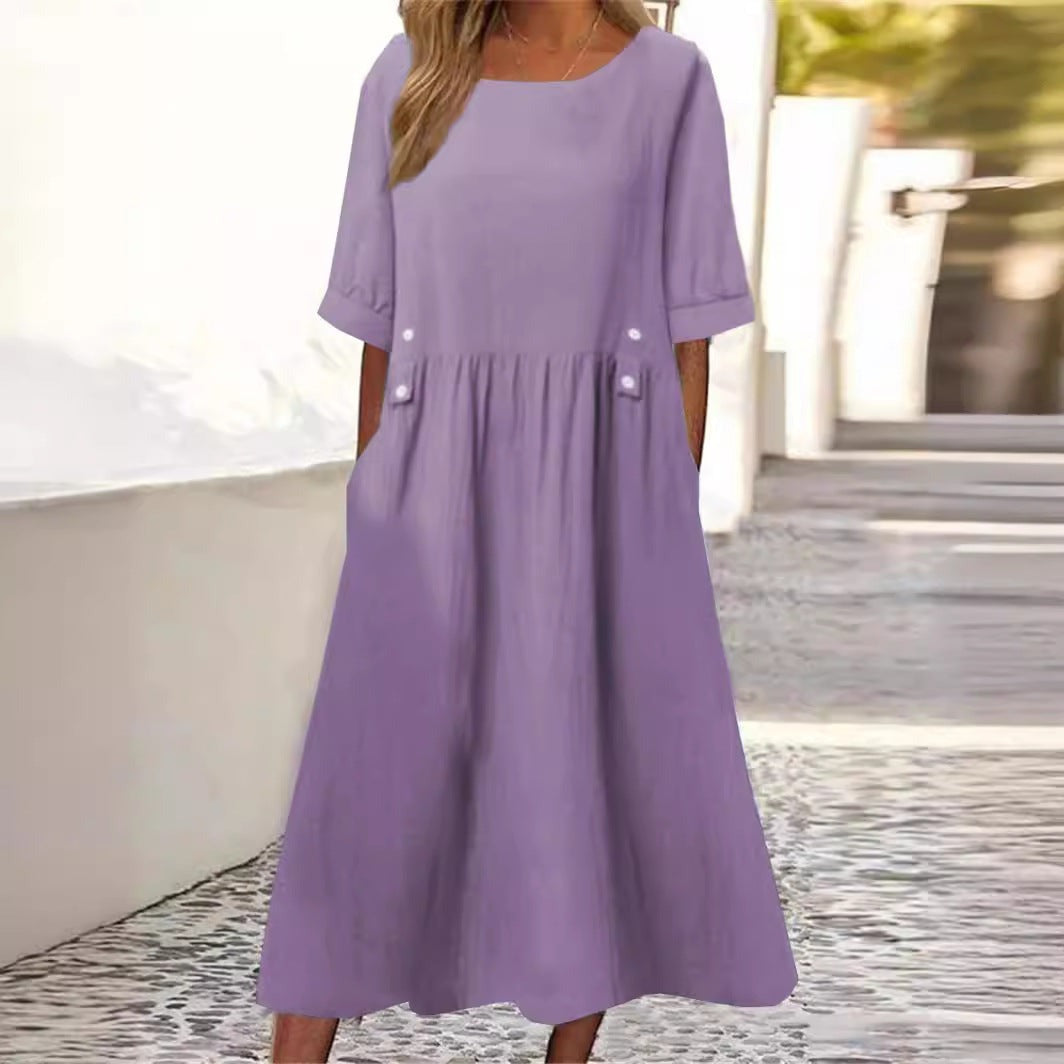 Women's Fashion Casual Cotton Linen Short Sleeve Pocket Dress