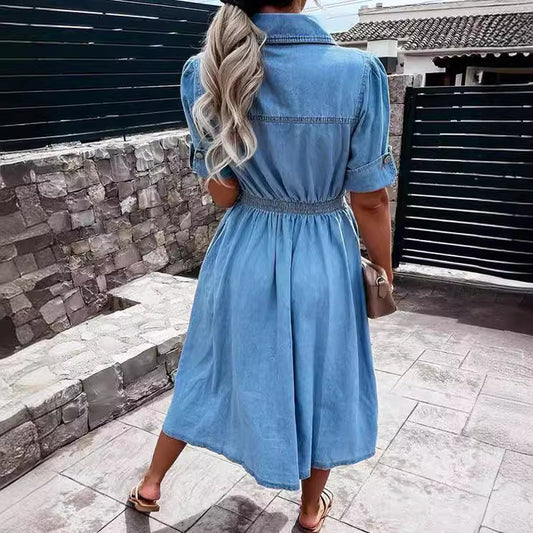 Robe d’Été « Brise Indigo » – Courte, Boutonnée, Stylée
