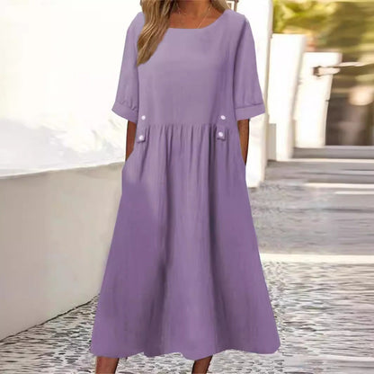 Women's Fashion Casual Cotton Linen Short Sleeve Pocket Dress