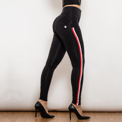 Shascullfites Melody Women's Black Stretch Pencil Jeans Butt Lift Striped Detailing Slim Fit Denim Jeggings